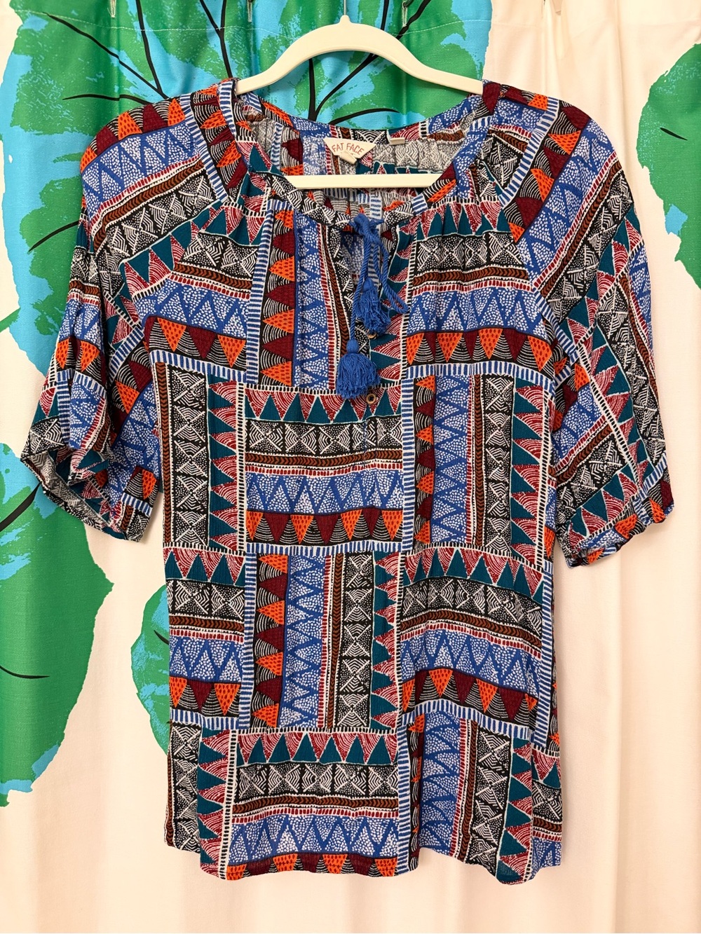 Fat Face Blue and Red Geometric Peasant Blouse